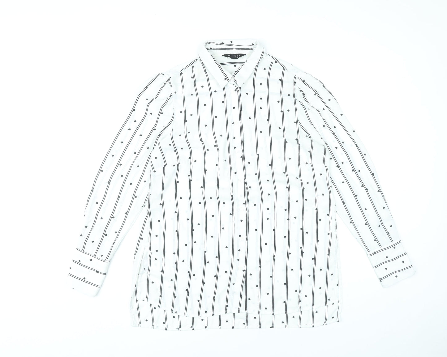 New Look Women White Striped Button-Up Shirt UK 10 Long Sleeve Polyester