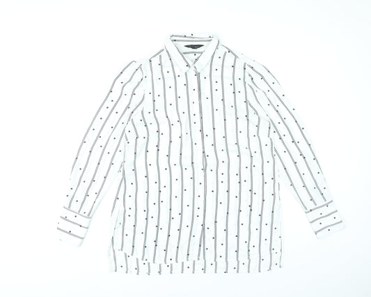 New Look Women White Striped Button-Up Shirt UK 10 Long Sleeve Polyester