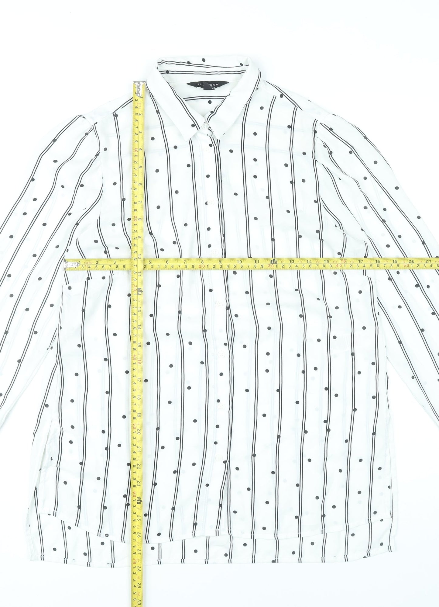 New Look Women White Striped Button-Up Shirt UK 10 Long Sleeve Polyester
