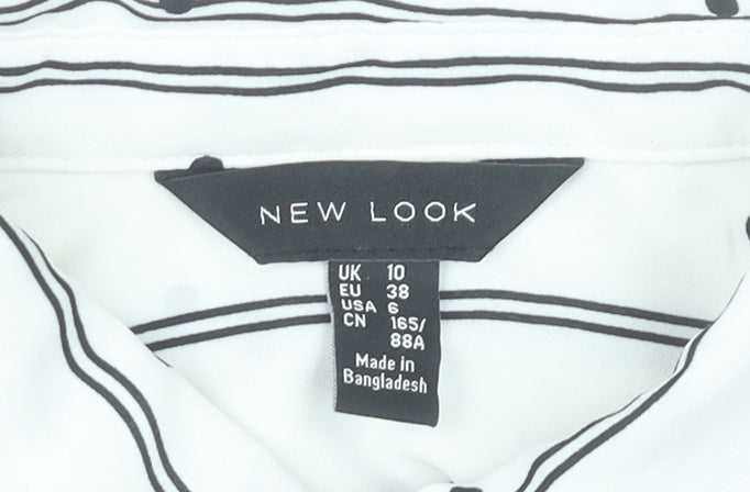 New Look Women White Striped Button-Up Shirt UK 10 Long Sleeve Polyester