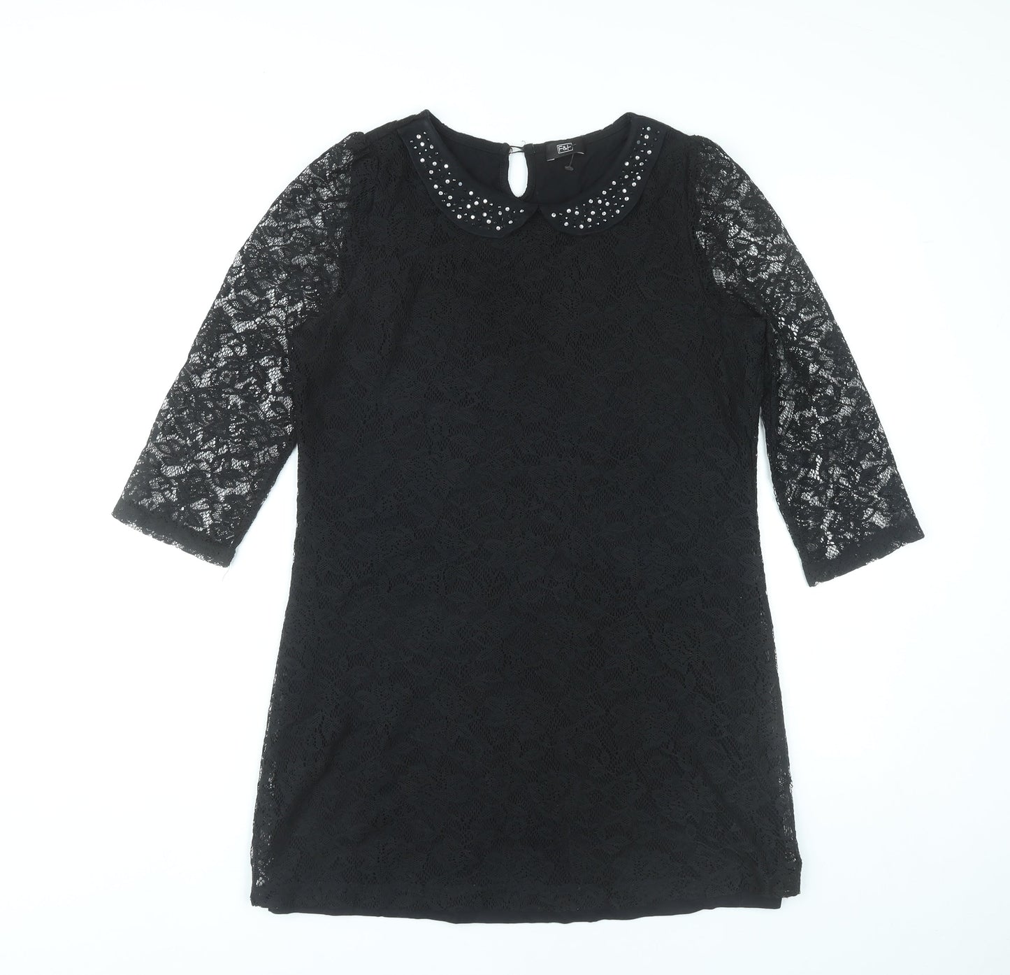 F&F Women Black Shift Lace Dress Size 12 Beaded Collar Partywear