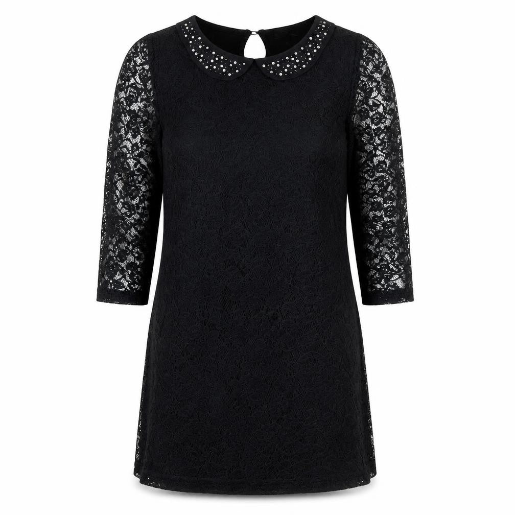 F&F Women Black Shift Lace Dress Size 12 Beaded Collar Partywear