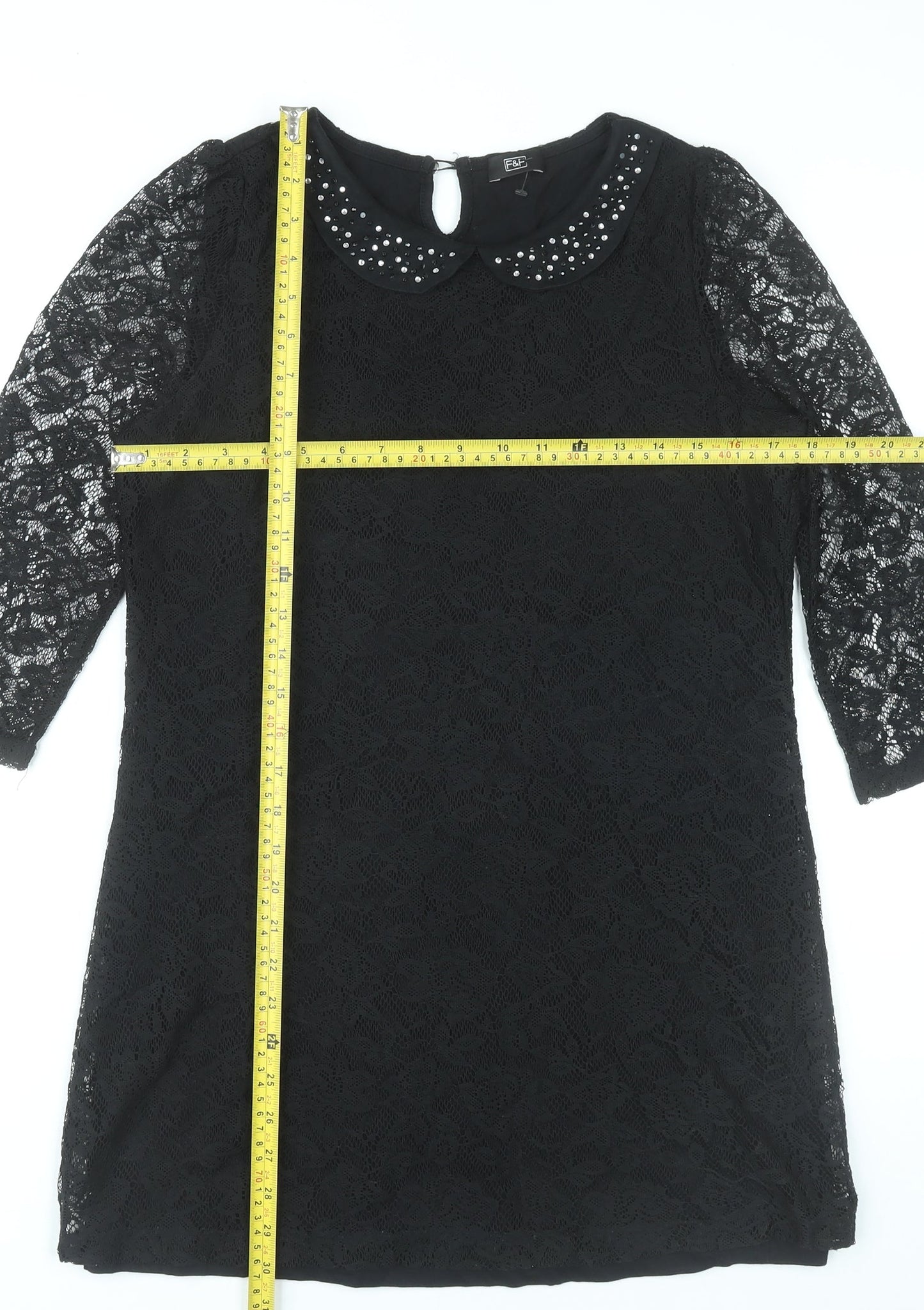 F&F Women Black Shift Lace Dress Size 12 Beaded Collar Partywear