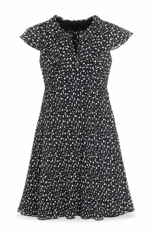 Front view of Linea Women’s Black Animal Print Silk A-Line Dress, size UK 12