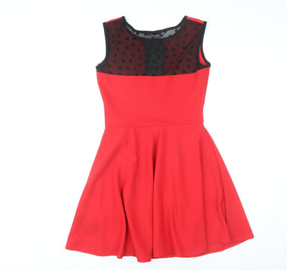Quiz Womens Red Skater Dress Size 12 Sleeveless Scoop Neck Party