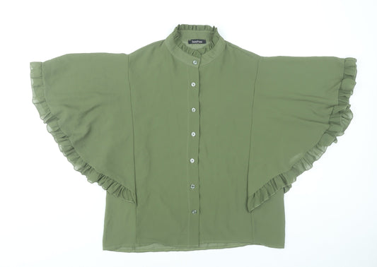 Boohoo Womens Green Kimono Sleeve Blouse Size 10 Ruffle Button