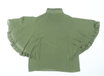 Boohoo Womens Green Kimono Sleeve Blouse Size 10 Ruffle Button