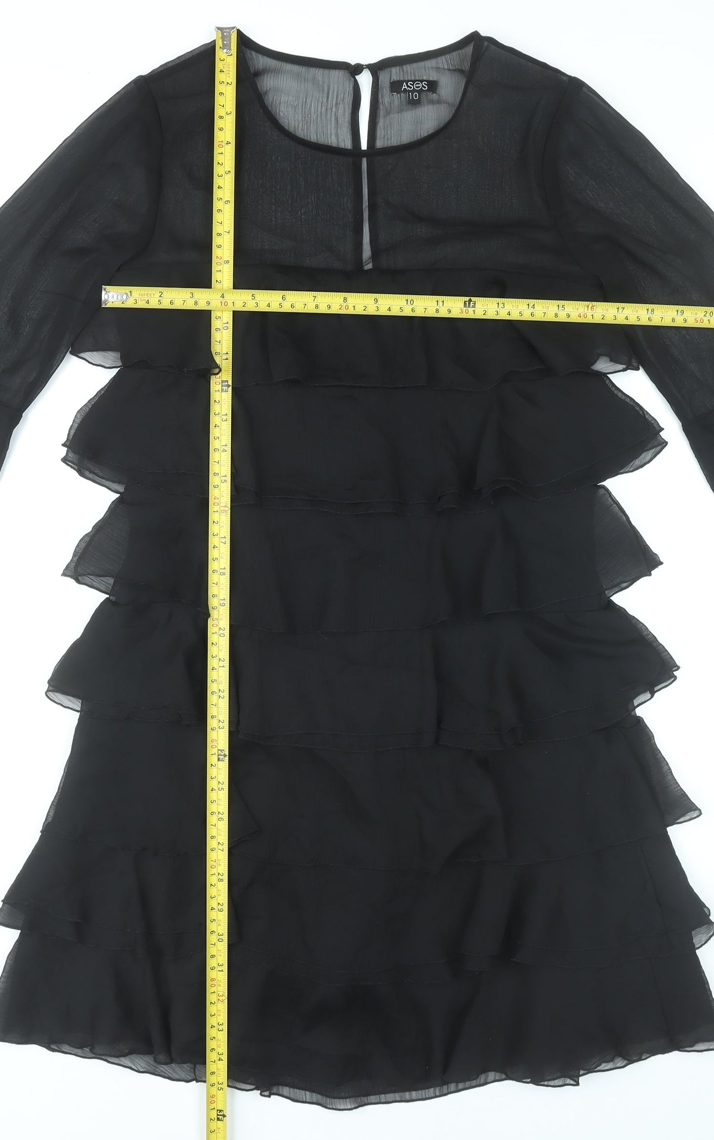 ASOS Women’s Black Knee Length Shift Dress Size 10 Ruffle 3/4 Sleeve
