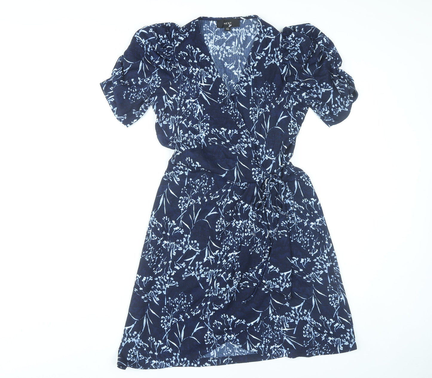 Next Women’s Blue Floral Wrap Dress Size 10 Short Sleeve Puff Sleeve