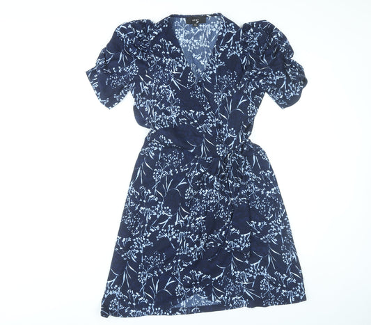Next Women’s Blue Floral Wrap Dress Size 10 Short Sleeve Puff Sleeve