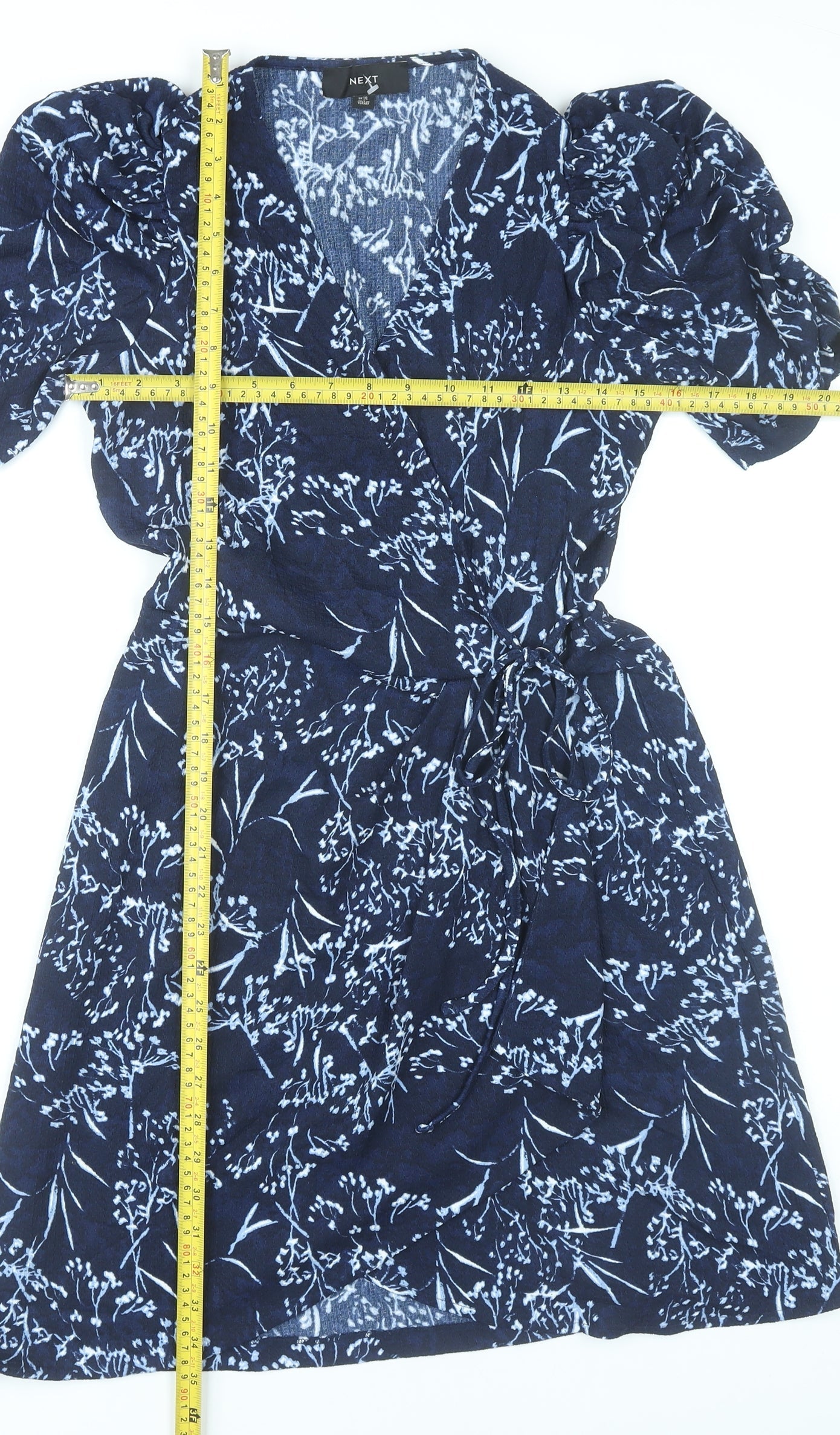 Next Women’s Blue Floral Wrap Dress Size 10 Short Sleeve Puff Sleeve