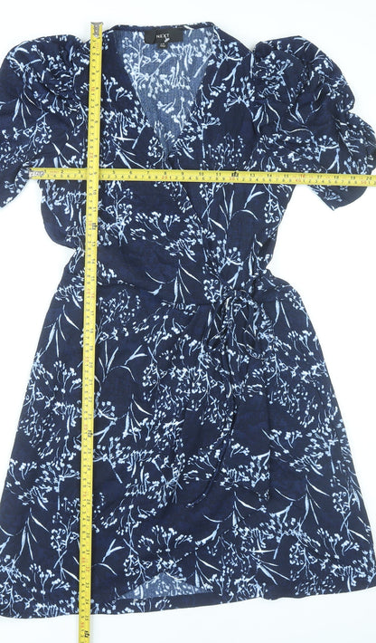 Next Women’s Blue Floral Wrap Dress Size 10 Short Sleeve Puff Sleeve