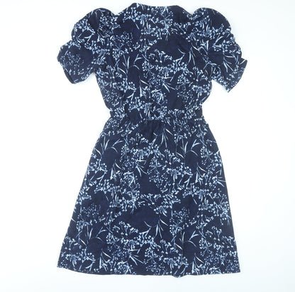 Next Women’s Blue Floral Wrap Dress Size 10 Short Sleeve Puff Sleeve