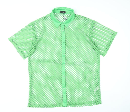 PrettyLittleThing Women Green Mesh Button-Up Shirt UK 14 Summer Top