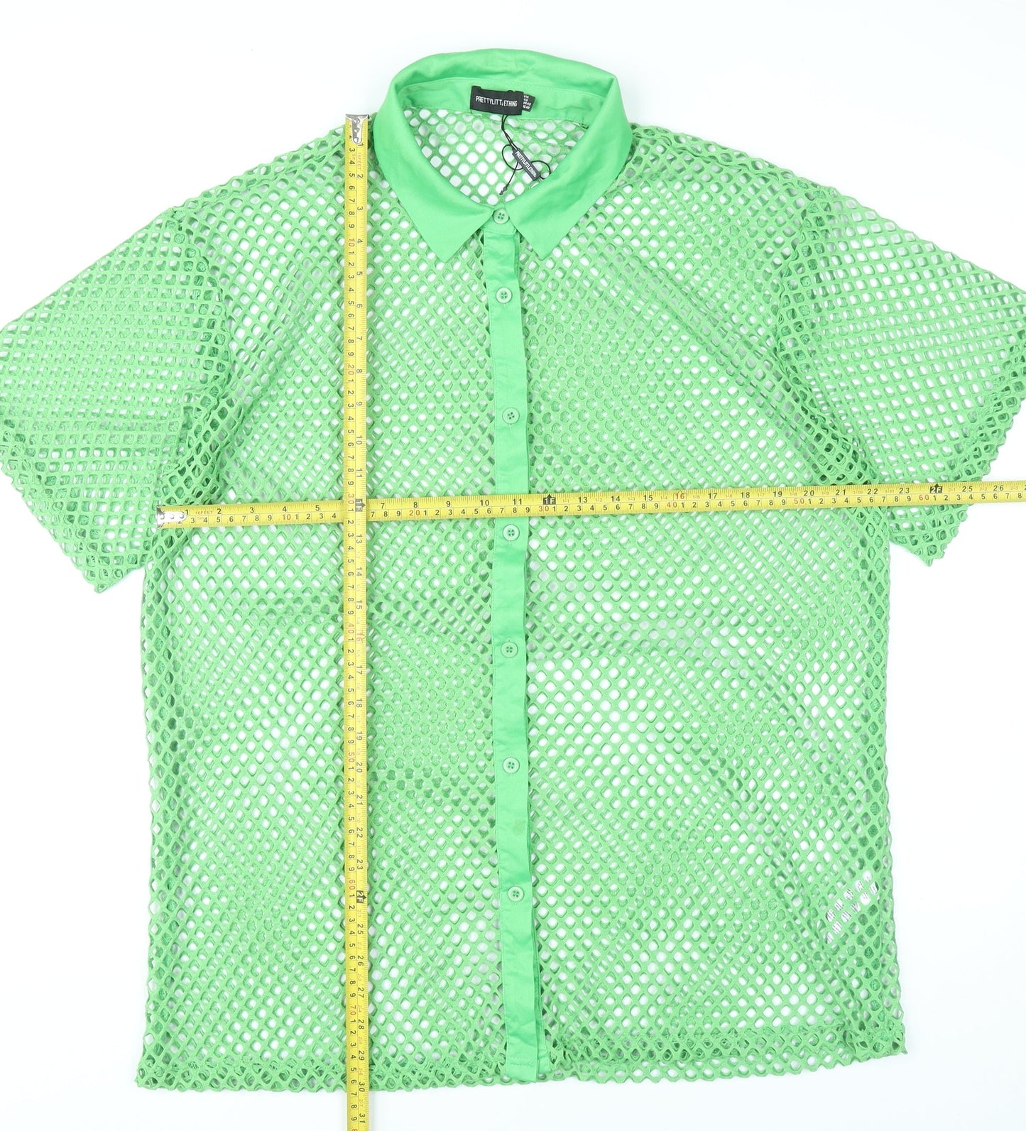 PrettyLittleThing Women Green Mesh Button-Up Shirt UK 14 Summer Top