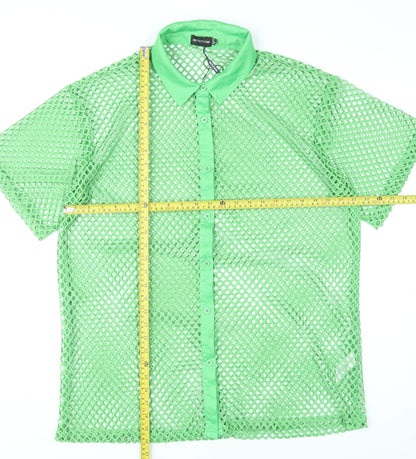 PrettyLittleThing Women Green Mesh Button-Up Shirt UK 14 Summer Top