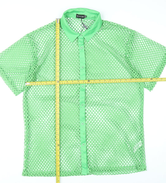 PrettyLittleThing Women Green Mesh Button-Up Shirt UK 14 Summer Top