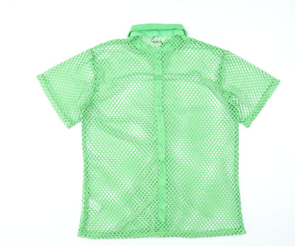 PrettyLittleThing Women Green Mesh Button-Up Shirt UK 14 Summer Top