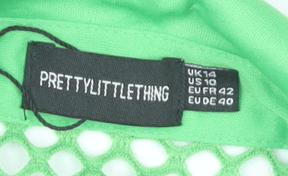 PrettyLittleThing Women Green Mesh Button-Up Shirt UK 14 Summer Top