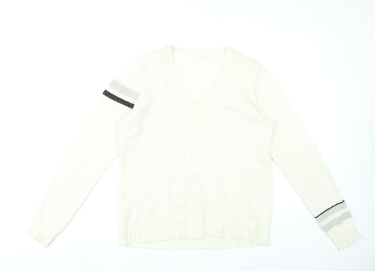 Duffy Womens Ivory Wool Cashmere V-Neck Pullover Jumper L