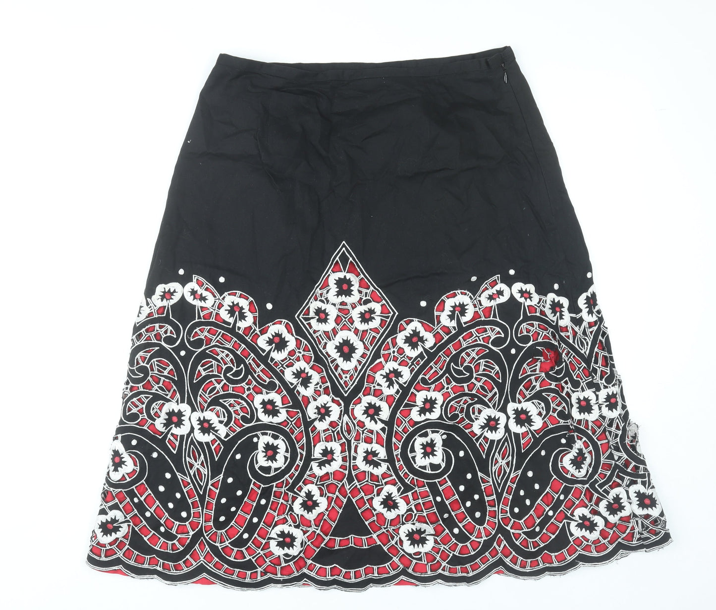 East Womens Black Cotton Floral Embroidered A-Line Skirt Size 14