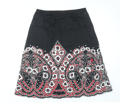 East Womens Black Cotton Floral Embroidered A-Line Skirt Size 14