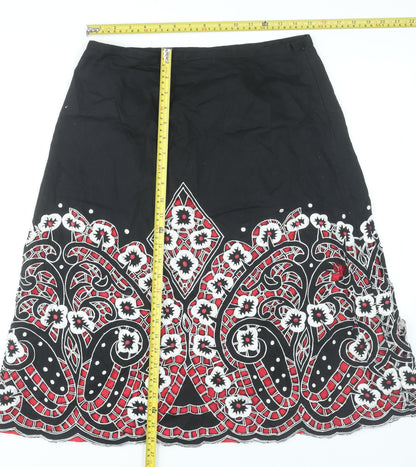 East Womens Black Cotton Floral Embroidered A-Line Skirt Size 14