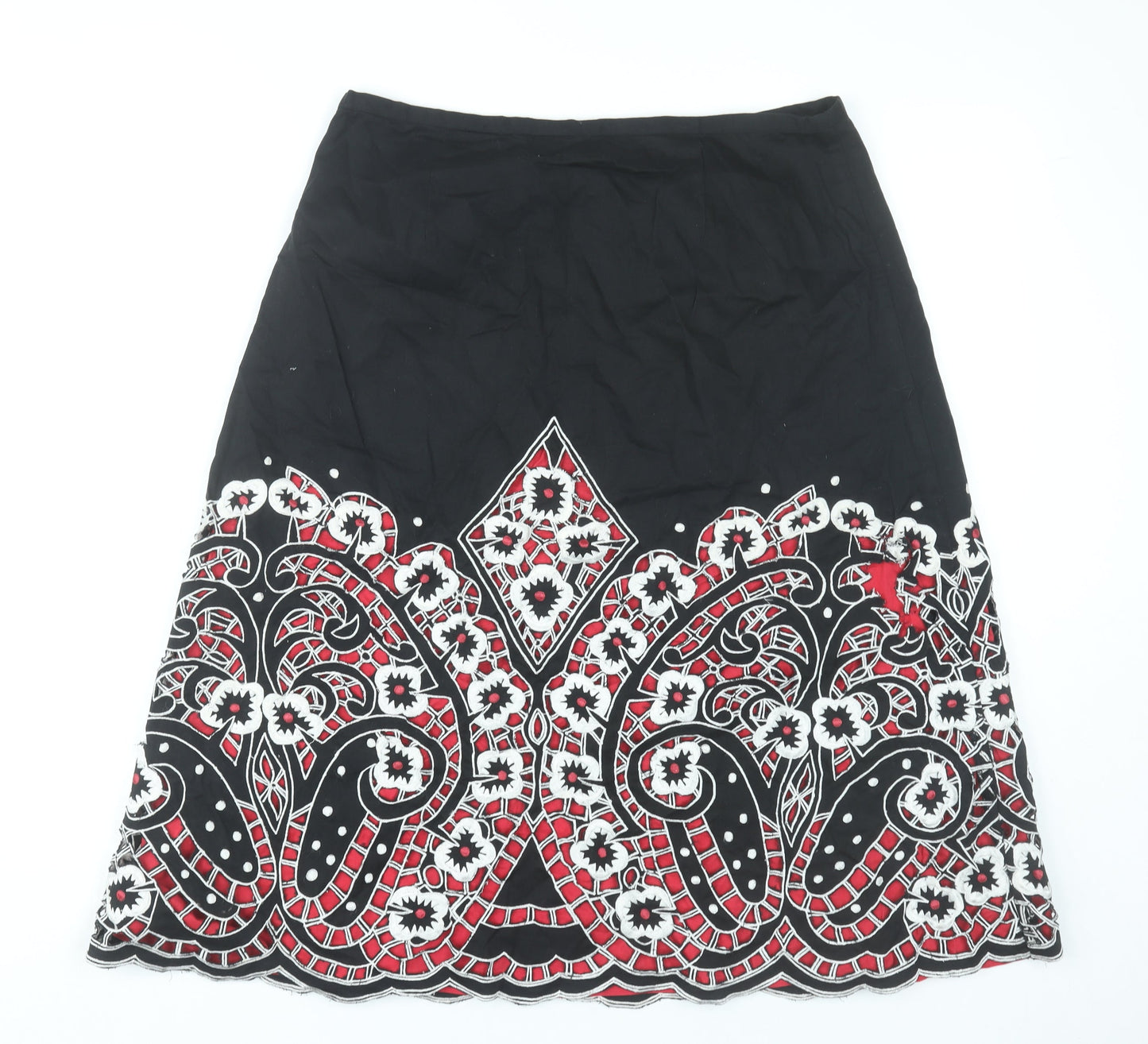 East Womens Black Cotton Floral Embroidered A-Line Skirt Size 14