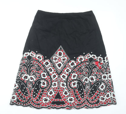 East Womens Black Cotton Floral Embroidered A-Line Skirt Size 14