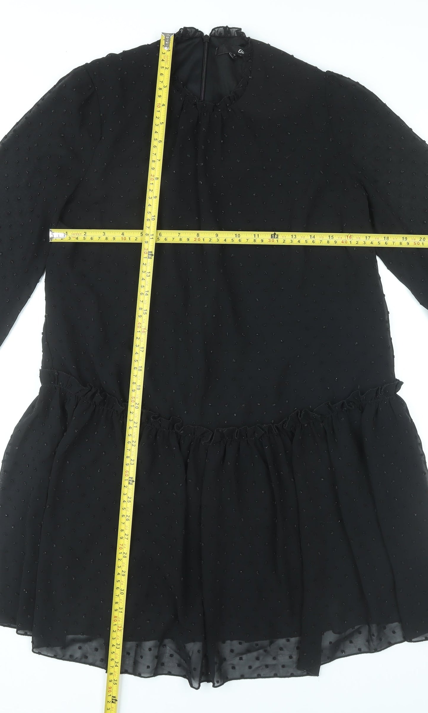 Etam Womens Black Shift Dress UK 8 Short Ruffle Long Sleeve