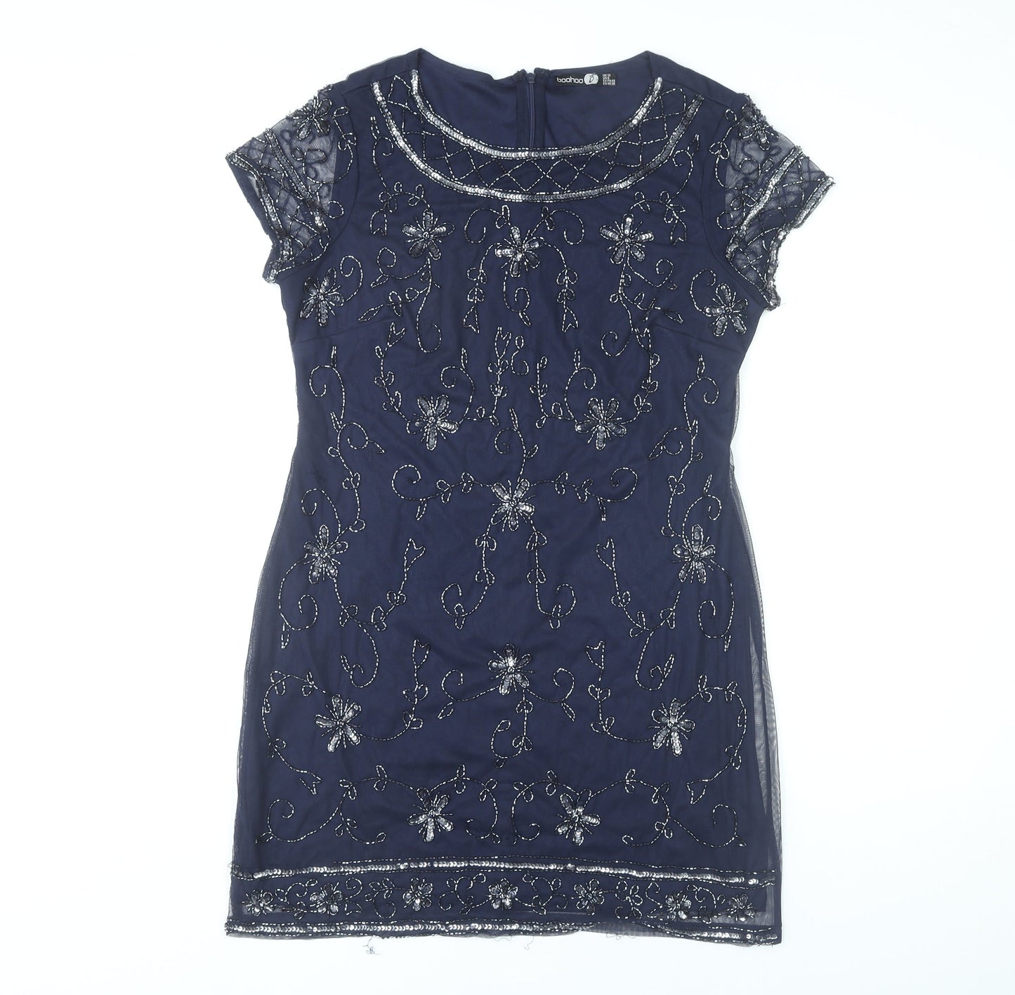 Boohoo Womens Blue Size 12 Beaded Sequin Floral Short Sheath Dress