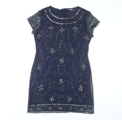 Boohoo Womens Blue Size 12 Beaded Sequin Floral Short Sheath Dress