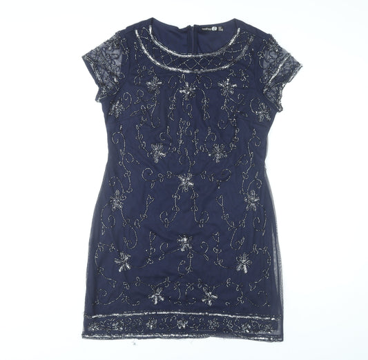 Boohoo Womens Blue Size 12 Beaded Sequin Floral Short Sheath Dress
