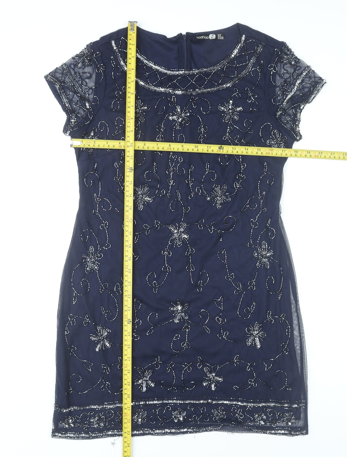 Boohoo Womens Blue Size 12 Beaded Sequin Floral Short Sheath Dress