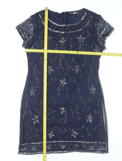 Boohoo Womens Blue Size 12 Beaded Sequin Floral Short Sheath Dress