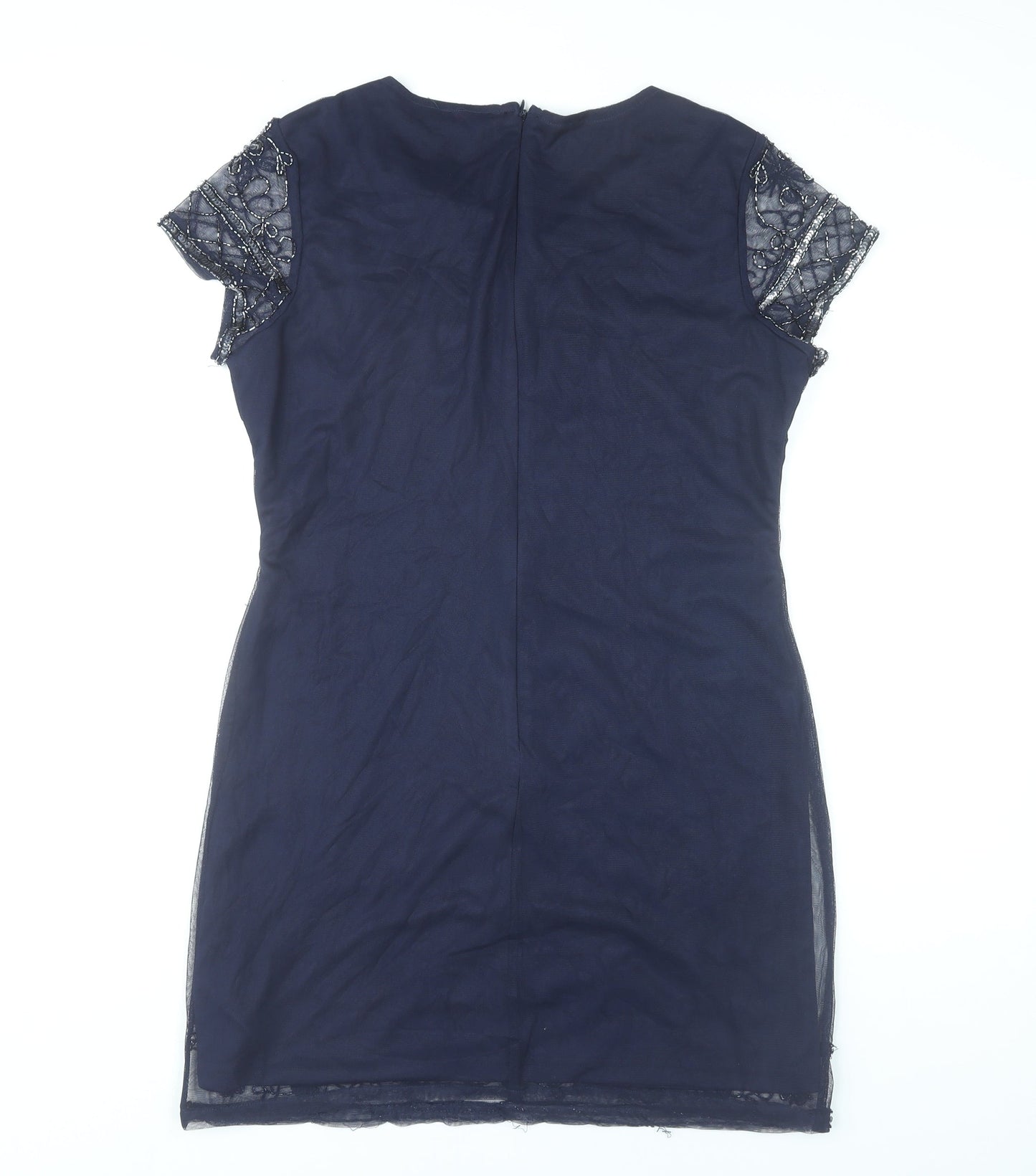 Boohoo Womens Blue Size 12 Beaded Sequin Floral Short Sheath Dress