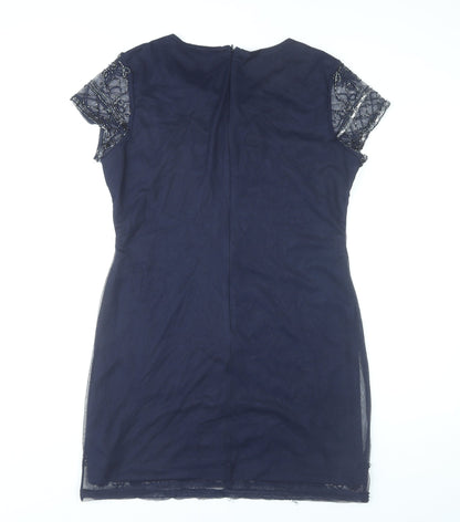 Boohoo Womens Blue Size 12 Beaded Sequin Floral Short Sheath Dress