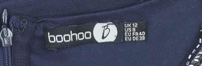 Boohoo Womens Blue Size 12 Beaded Sequin Floral Short Sheath Dress