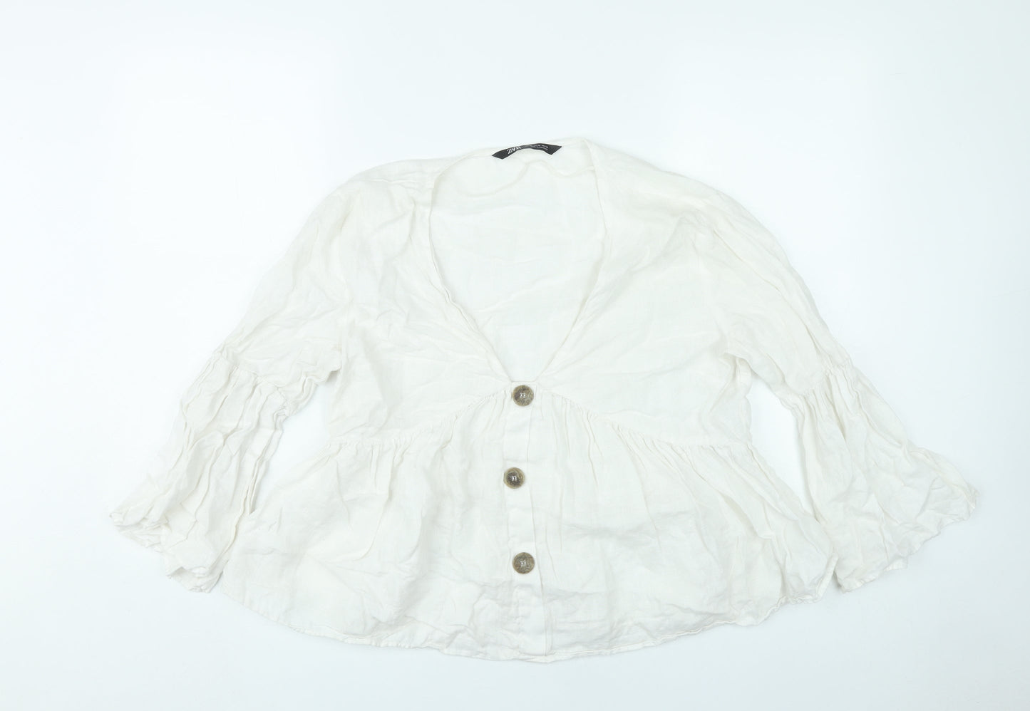 Zara Women White Linen Blouse XL 3/4 Flared Sleeve V-Neck