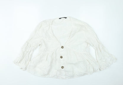 Zara Women White Linen Blouse XL 3/4 Flared Sleeve V-Neck