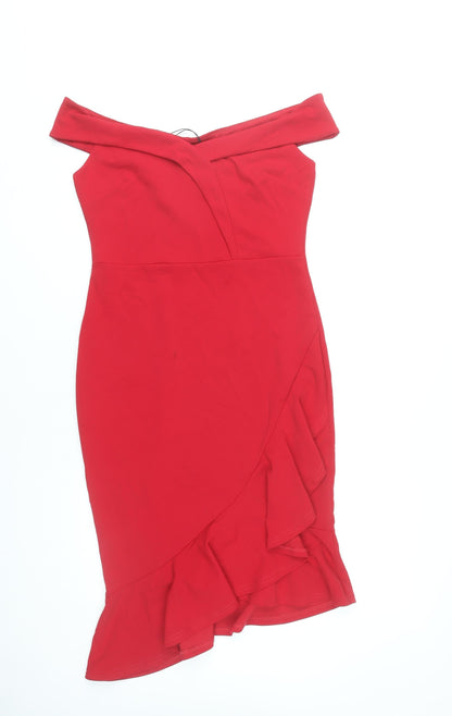 Lipsy Women Red Size 12 Off Shoulder Bodycon Ruffle Dress