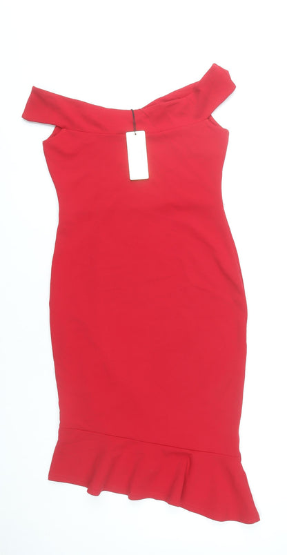 Lipsy Women Red Size 12 Off Shoulder Bodycon Ruffle Dress