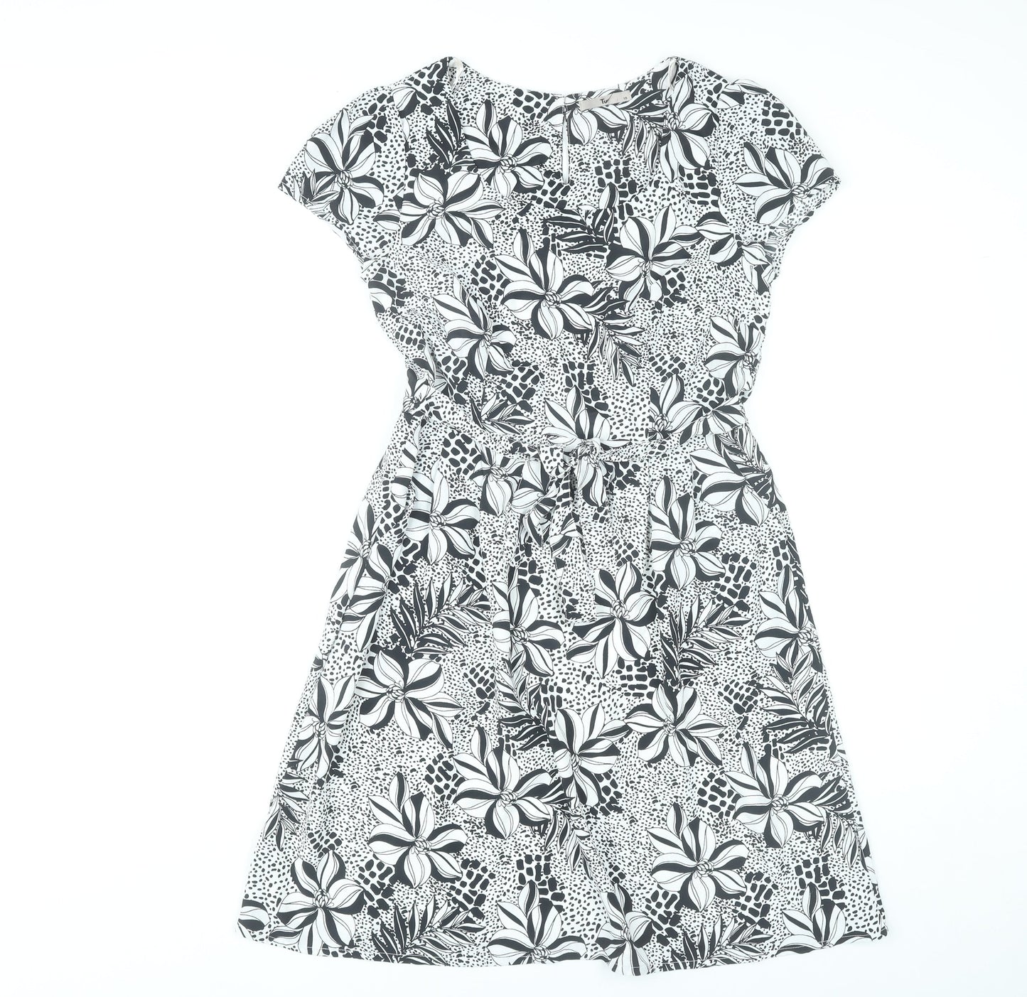 Tu Womens Black Floral A-Line Dress Size 10 Knee Length Short Sleeve