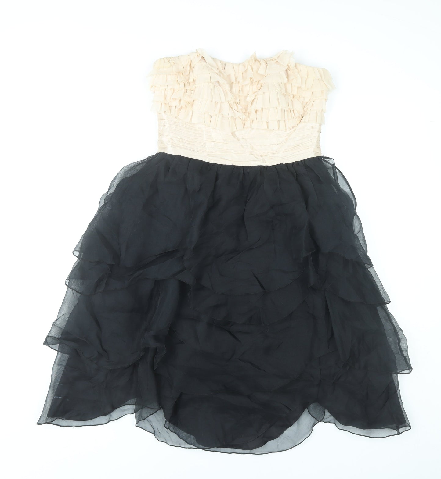 Monsoon Women’s Beige Black Strapless Ruffle Hi-Low Ball Gown Dress Size 8