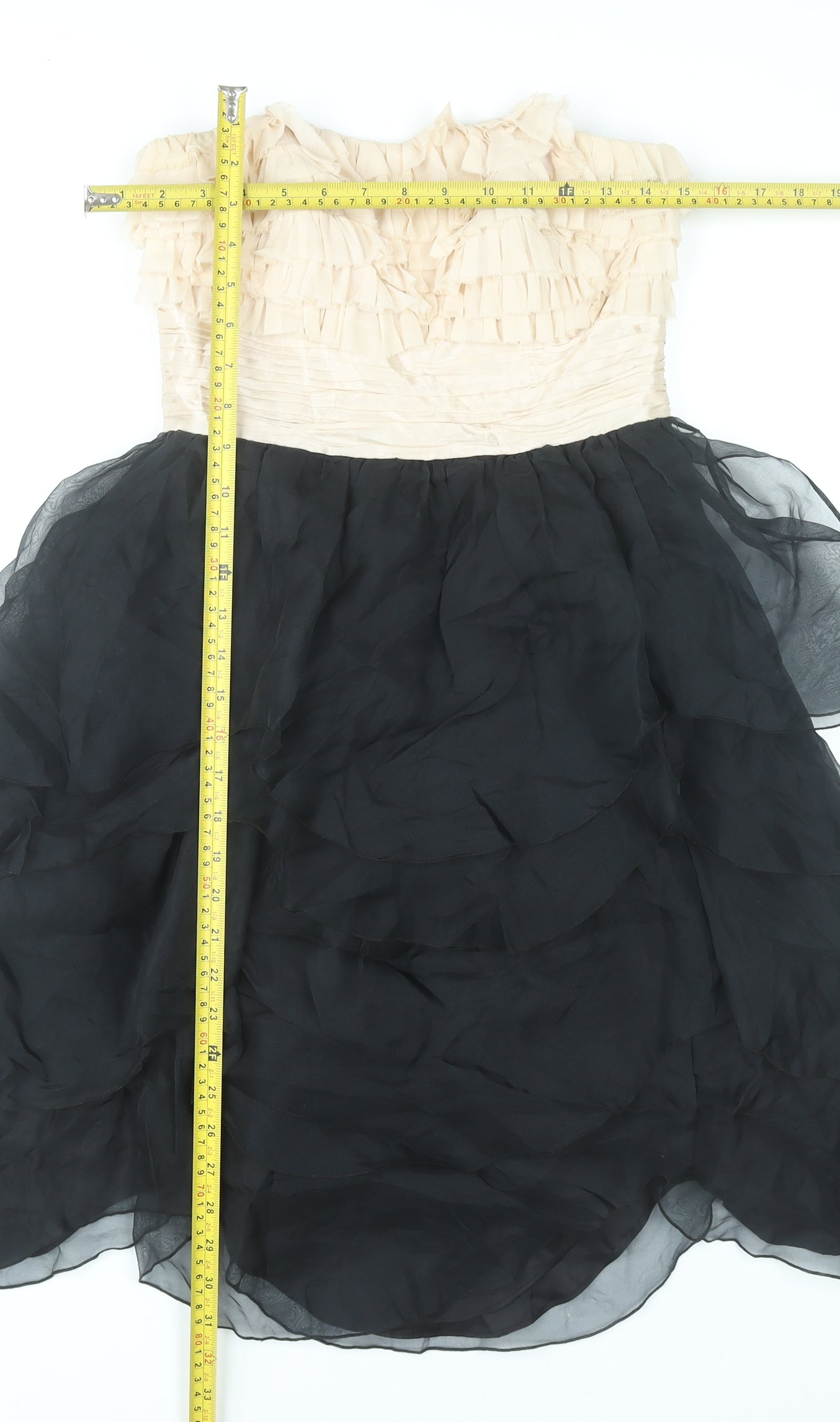 Monsoon Women’s Beige Black Strapless Ruffle Hi-Low Ball Gown Dress Size 8