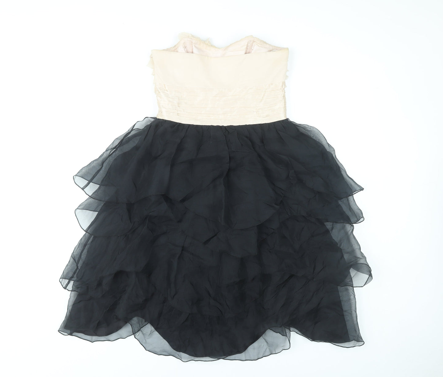 Monsoon Women’s Beige Black Strapless Ruffle Hi-Low Ball Gown Dress Size 8