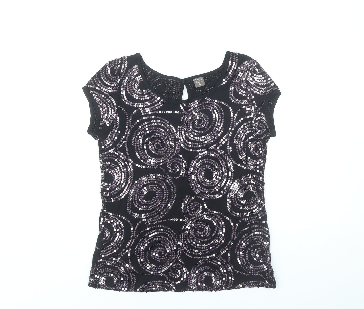TU Womens Black Sequin Party Top Size 10 Short Sleeve Round Neck