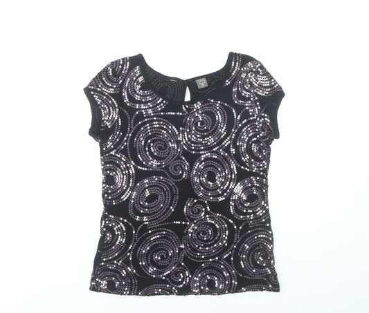 TU Womens Black Sequin Party Top Size 10 Short Sleeve Round Neck