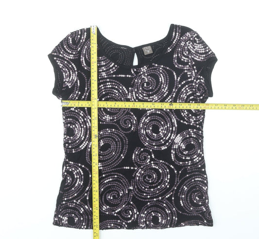 TU Womens Black Sequin Party Top Size 10 Short Sleeve Round Neck