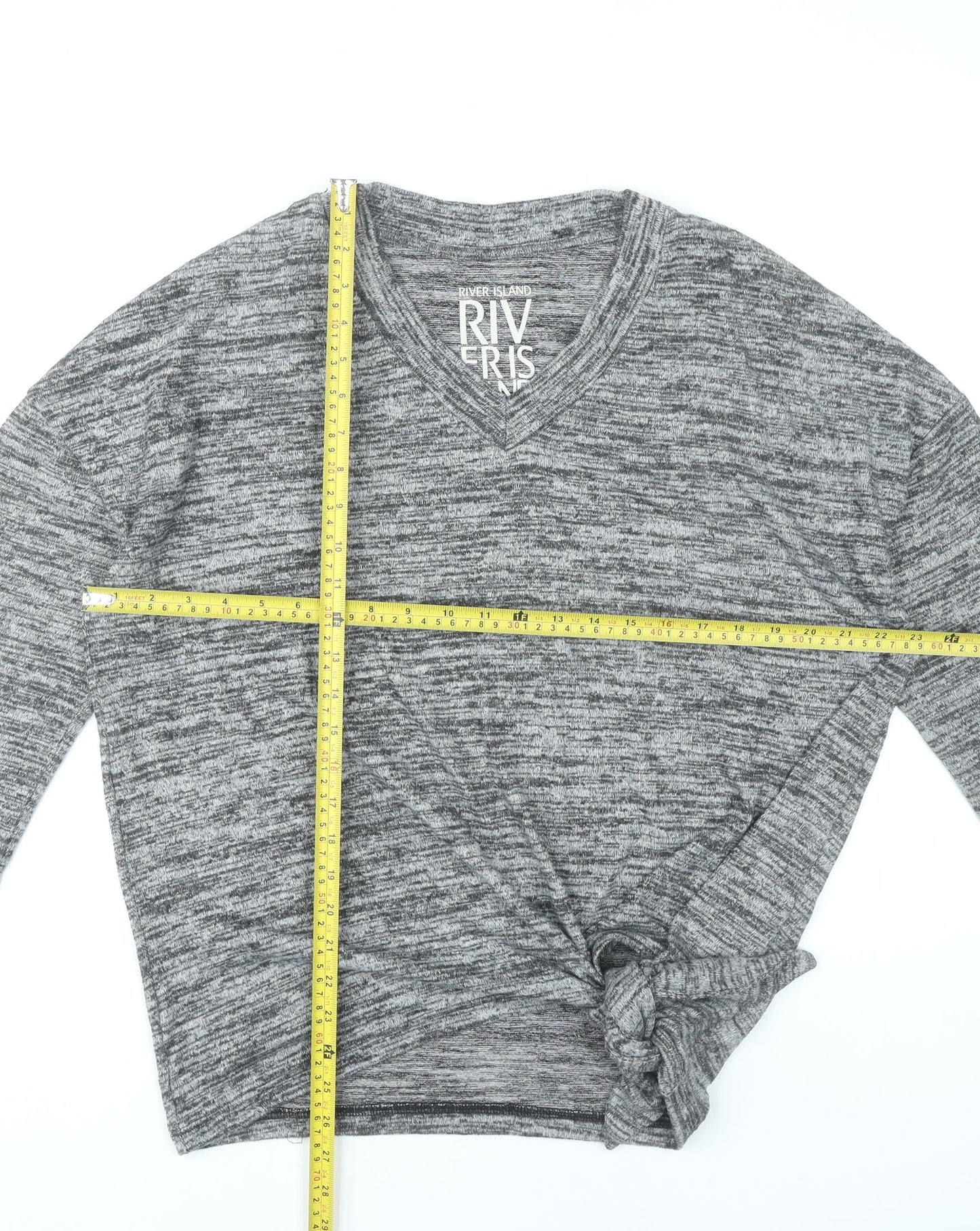 River Island Women’s Grey V-Neck Tunic Top Size S 3/4 Sleeve Knot Detail